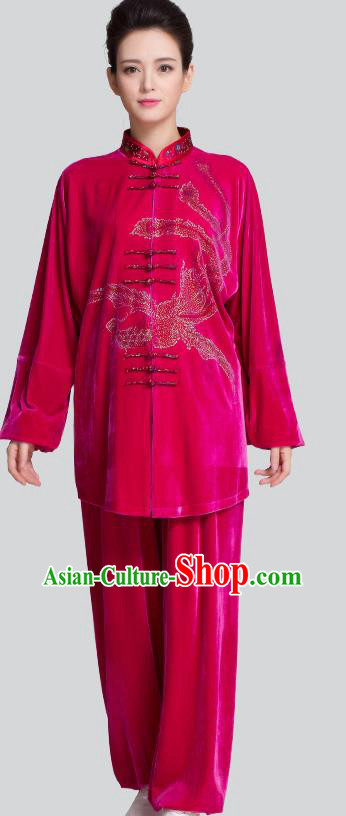China Kung Fu Tai Chi Clothing Traditional Diamante Phoenix Rosy Pleuche Uniforms