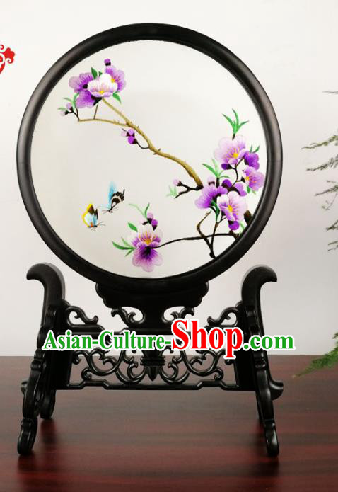 China Suzhou Embroidery Plum Blossom Double Side Screen Handmade Blackwood Carving Table Screen