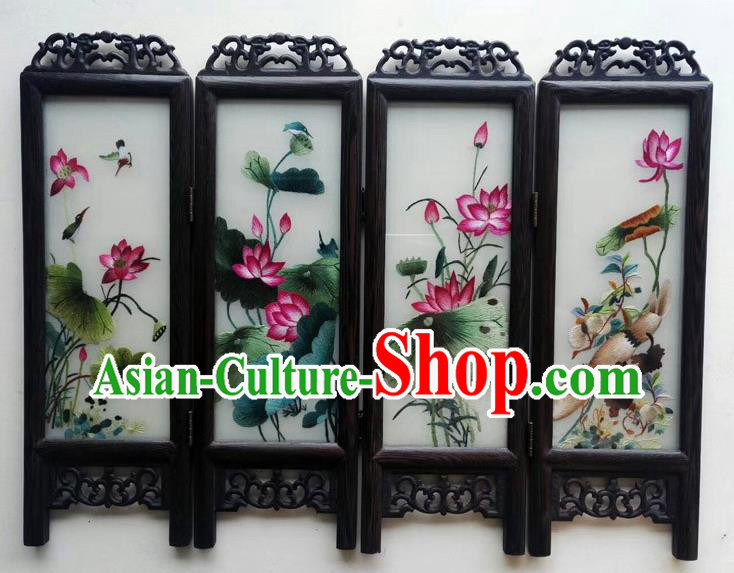 Chinese Double Side Embroidery Lotus Table Screen Handmade Wenge Byobu Folding Screen