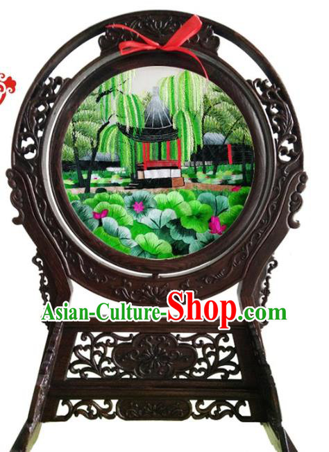China Embroidered Lotus Pavilion Desk Screen Suzhou Double Side Embroidery Craft Handmade Wenge Table Ornament