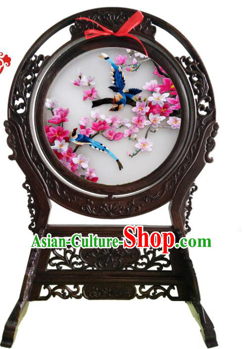 China Handmade Wenge Table Ornament Embroidered Plum Blossom Desk Screen Suzhou Double Side Embroidery Craft