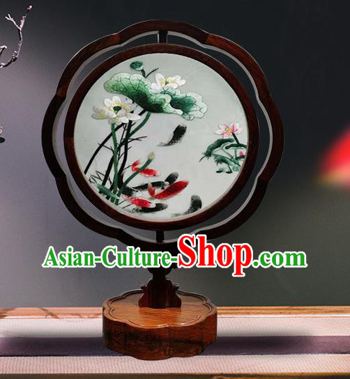 China Embroidered Lotus Desk Lamp Handmade Wood Carving Table Screen Lantern