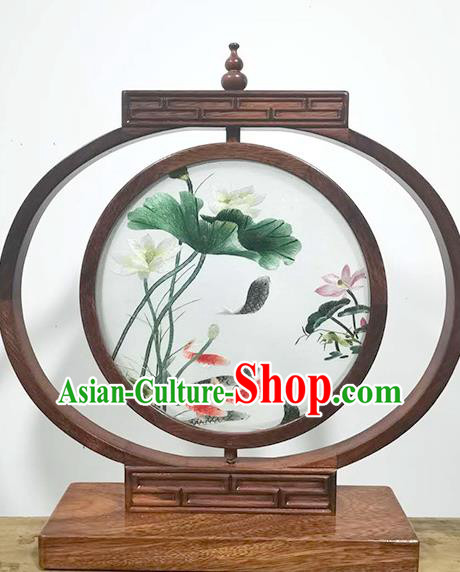 China Handmade Wood Desk Lantern Decoration Table Screen Suzhou Embroidered Lotus Fish LED Bedside Lamp