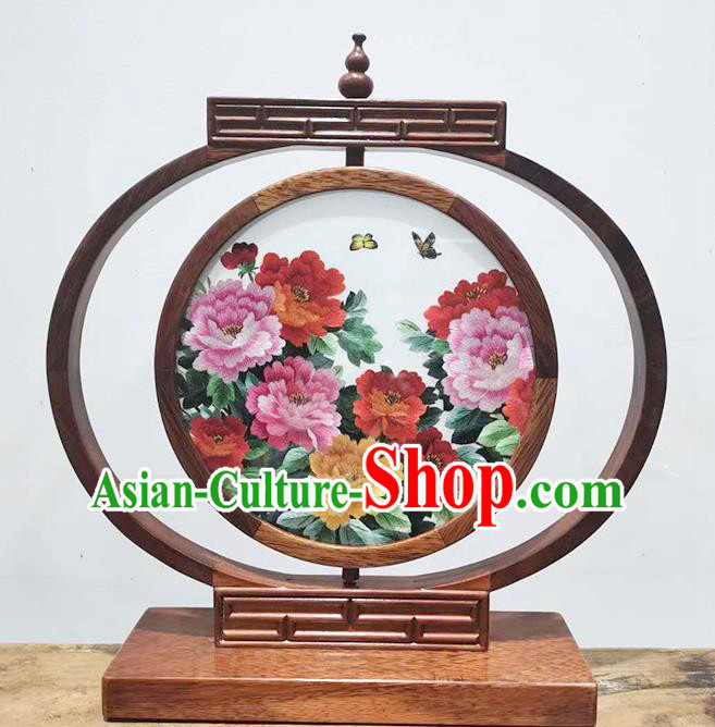 China Suzhou Embroidered Peony Bedside Lamp Handmade Wood Table Screen Decoration LED Desk Lantern