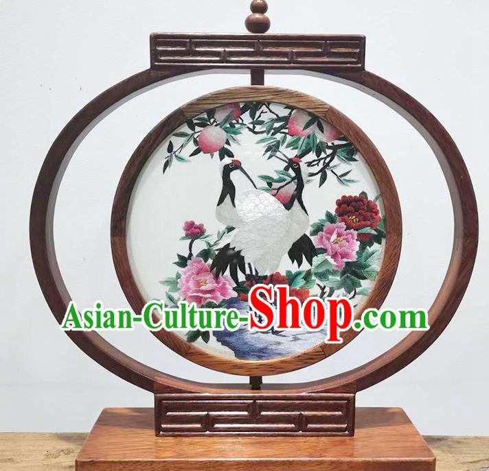 China Handmade Wood Table Screen Decoration LED Desk Lantern Suzhou Embroidered Crane Peony Bedside Lamp