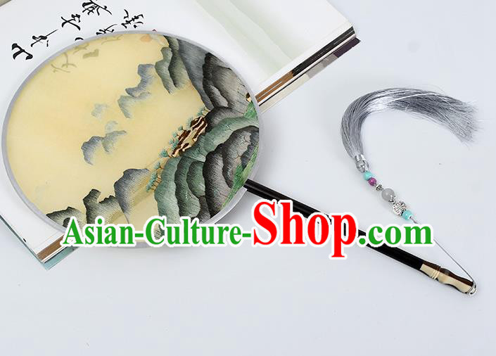 China Classical Yellow Silk Fan Traditional Suzhou Embroidered Landscape Circular Fan Handmade Palace Fan