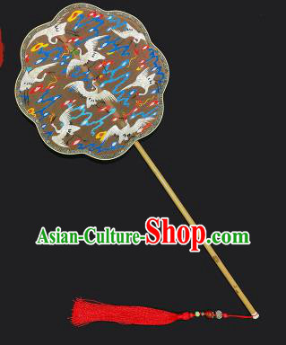 China Traditional Embroidered Cranes Silk Fan Handmade Palace Fan Classical Hanfu Fan