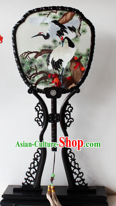 China Handmade Embroidered Cranes Silk Fan Traditional Blackwood Palace Fan Classical Dance Fan