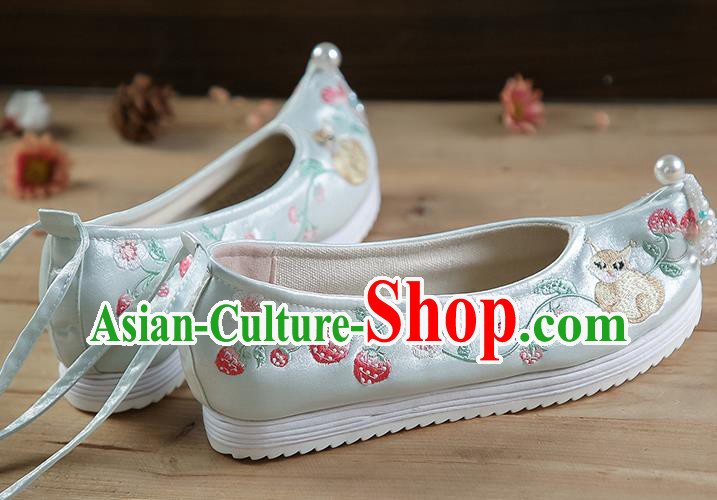 China Light Green Satin Shoes Beads Tassel Shoes Hanfu Shoes Embroidered Strawberry Squirrel Shoes