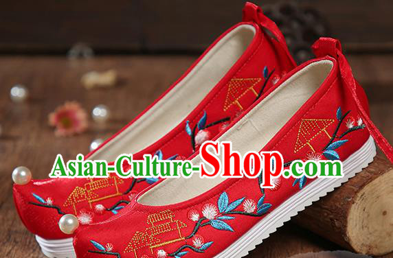 China Ancient Bride Shoes Traditional Wedding Hanfu Shoes Embroidered Red Satin Shoes