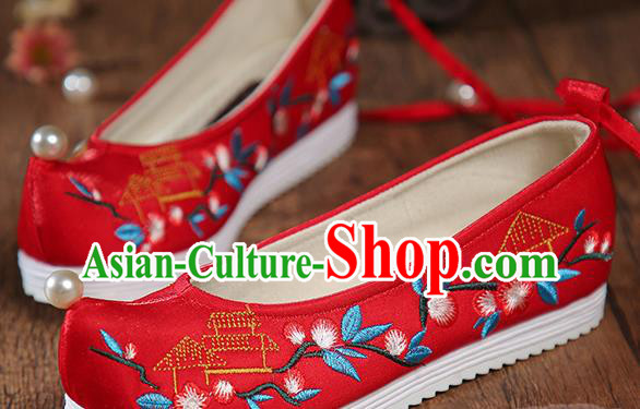 China Ancient Bride Shoes Traditional Wedding Hanfu Shoes Embroidered Red Satin Shoes