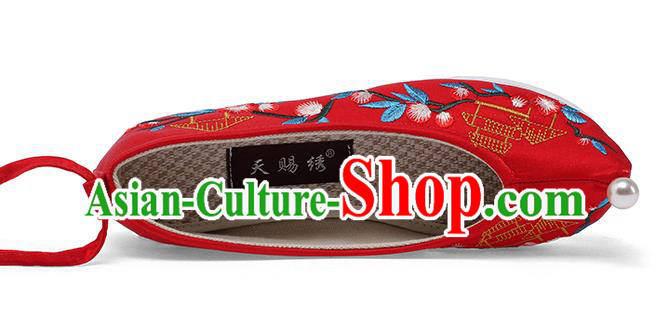 China Ancient Bride Shoes Traditional Wedding Hanfu Shoes Embroidered Red Satin Shoes
