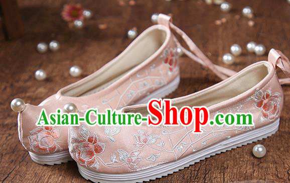 China Embroidered Peony Pink Cloth Shoes Ancient Princess Hanfu Shoes Traditional Ming Dynasty Shoes