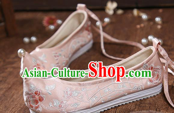 China Embroidered Peony Pink Cloth Shoes Ancient Princess Hanfu Shoes Traditional Ming Dynasty Shoes