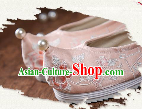 China Embroidered Peony Pink Cloth Shoes Ancient Princess Hanfu Shoes Traditional Ming Dynasty Shoes