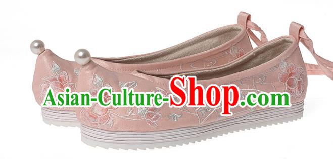 China Embroidered Peony Pink Cloth Shoes Ancient Princess Hanfu Shoes Traditional Ming Dynasty Shoes