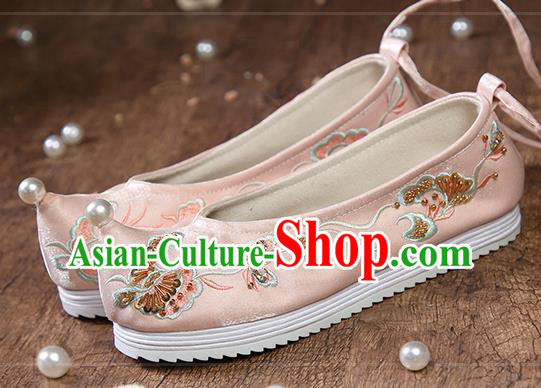 China Ancient Ming Dynasty Princess Shoes Traditional Hanfu Pink Satin Shoes Embroidered Sequins Butterfly Shoes