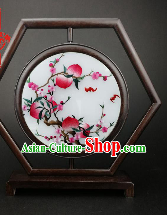 China Wenge Table Screen Handmade Embroidery Peach Flowers Hexagon Desk Screen Furniture