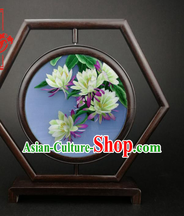 China Furniture Wenge Hexagon Table Screen Handmade Embroidery Epiphyllum Desk Screen