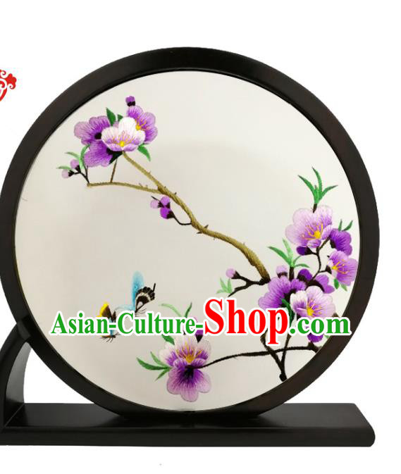 China Traditional Blackwood Round Table Screen Furniture Handmade Embroidery Plum Blossom Desk Screen