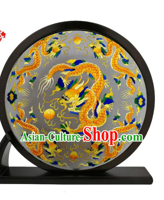 China Traditional Suzhou Embroidery Dragon Desk Screen Round Blackwood Table Screen