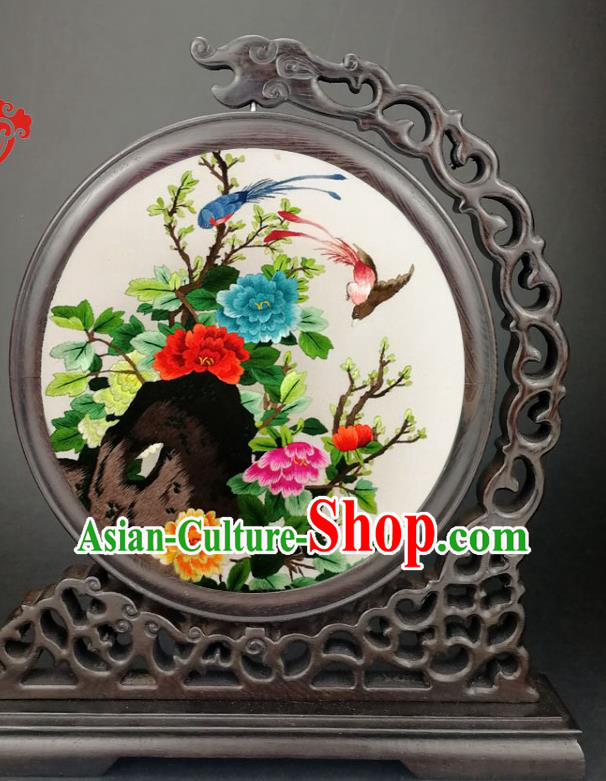 China Traditional Suzhou Embroidery Peony Flowers Table Screen Handmade Wenge Panel Screen