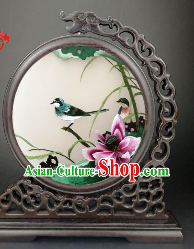 China Traditional Suzhou Embroidery Lotus Table Screen Handmade Wenge Panel Gifts Screen