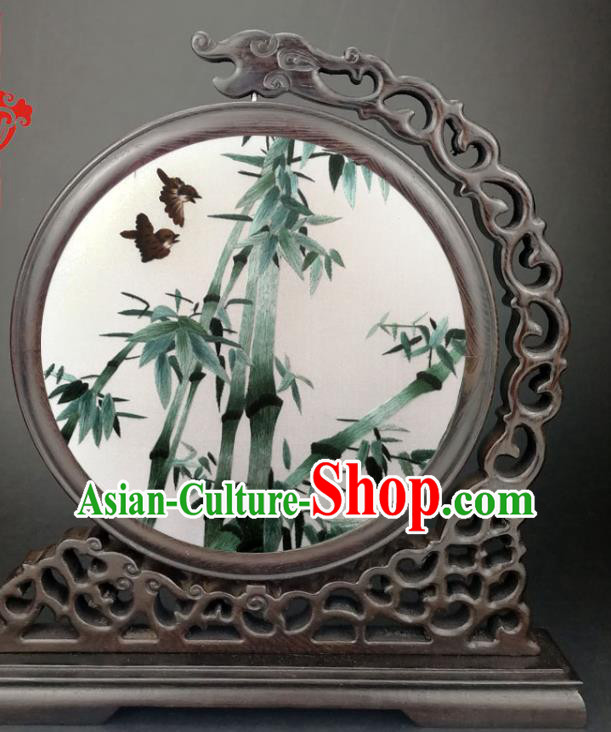 China Handmade Panel Craft Wenge Screen Traditional Suzhou Embroidery Bamboo Table Screen