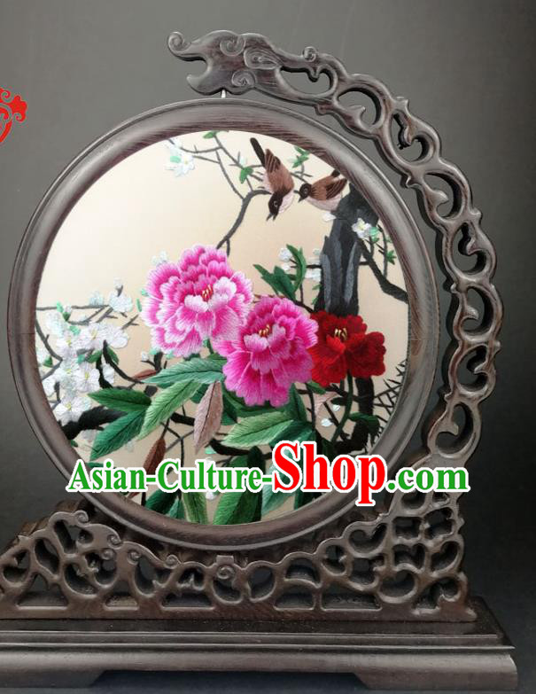 China Handmade Embroidered Peony Plum Wenge Table Screen Traditional Suzhou Embroidery Craft