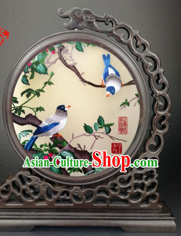 Chinese Handmade Double Side Beige Silk Screen Suzhou Embroidered Table Screen Traditional Wenge Screen