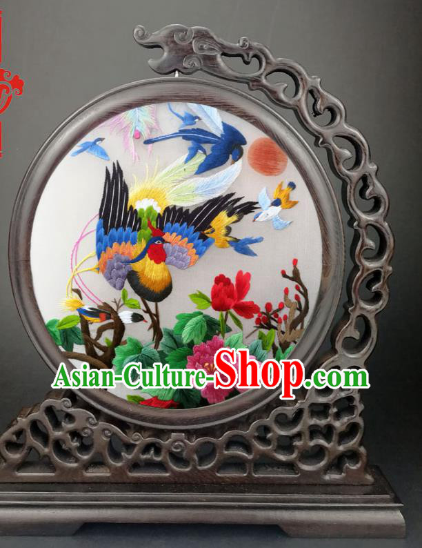 Chinese Traditional Handmade Wenge Screen Suzhou Embroidered Phoenix Peony Table Screen