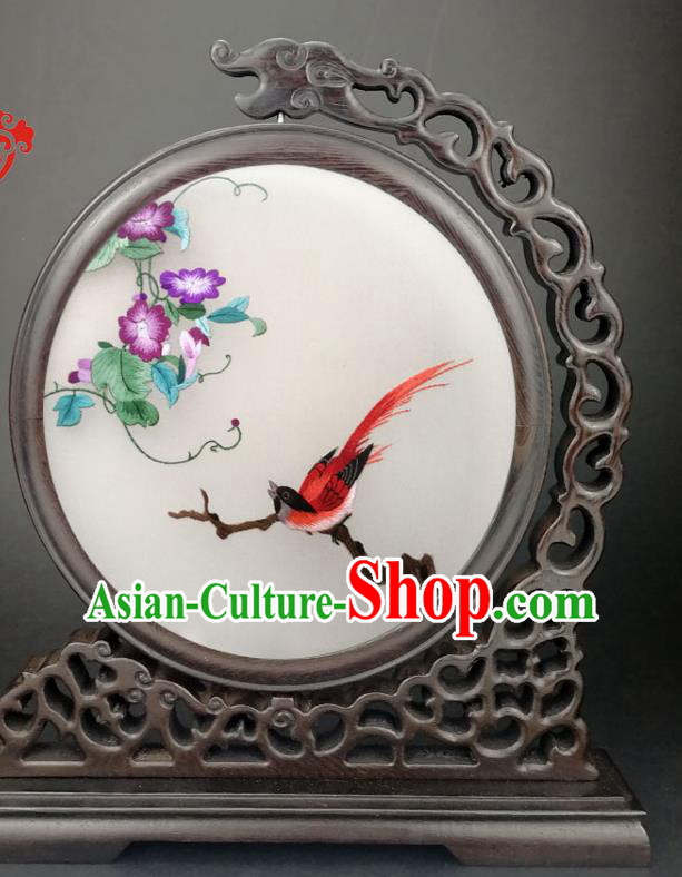 Chinese Suzhou Embroidered Petunia Table Screen Handmade Wenge Carving Screen Traditional Little Furniture