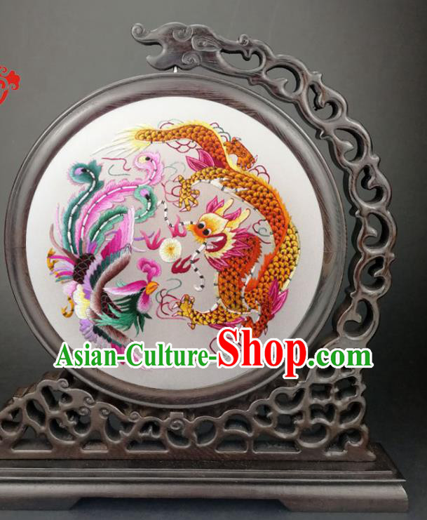 Chinese Suzhou Embroidered Dragon Phoenix Table Screen Traditional Wenge Carving Little Furniture