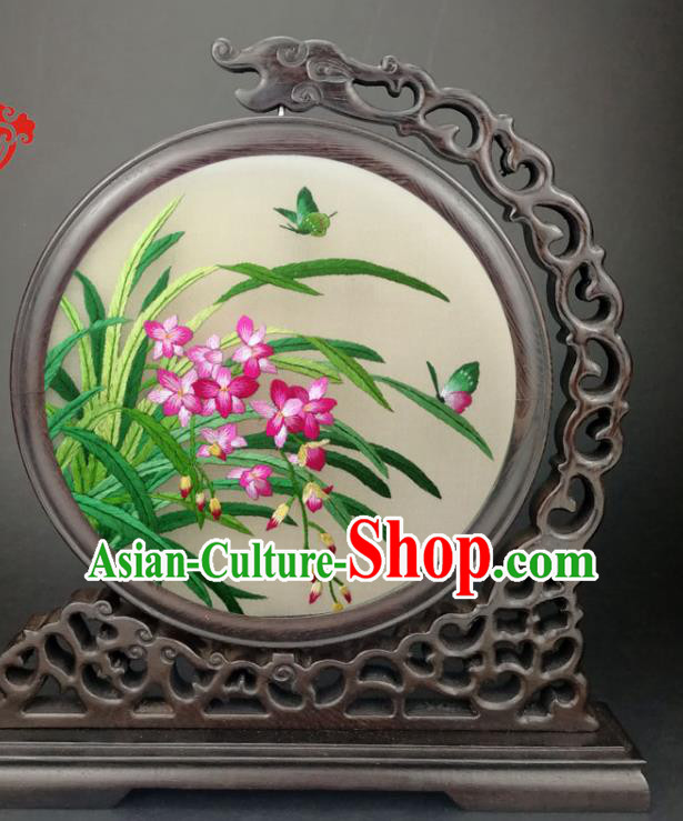 Chinese Traditional Wenge Table Top Screen Suzhou Embroidered Orchids Desk Decorative Screen