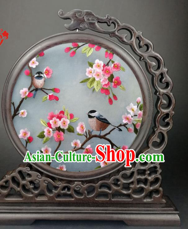Chinese Double Side Embroidered Plum Blossom Desk Decorative Screen Traditional Wenge Carving Table Top Screen