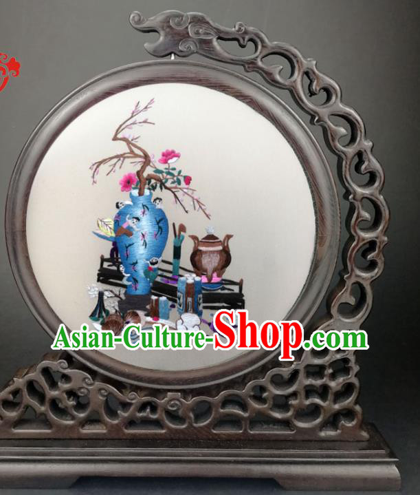 Chinese Double Side Embroidered Desk Screen Traditional Wenge Table Decorative Screen