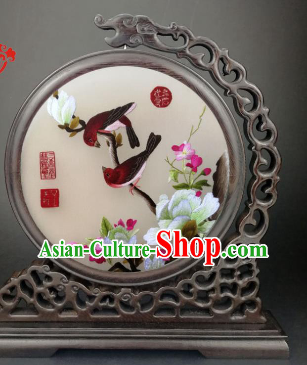Chinese Traditional Wenge Table Decorative Screen Double Side Embroidered Mangnolia Birds Painting Desk Screen