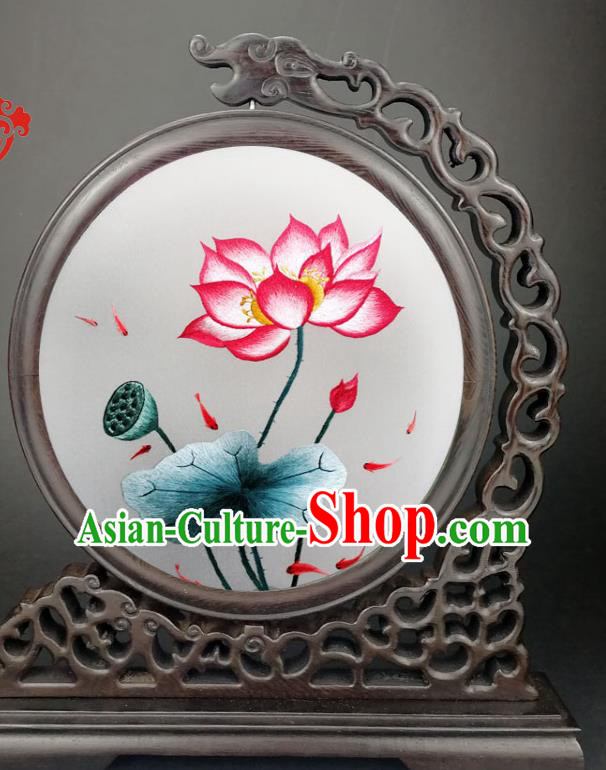 Chinese Handmade Double Side Silk Screen Embroidered Lotus Table Screen Traditional Wenge Screen