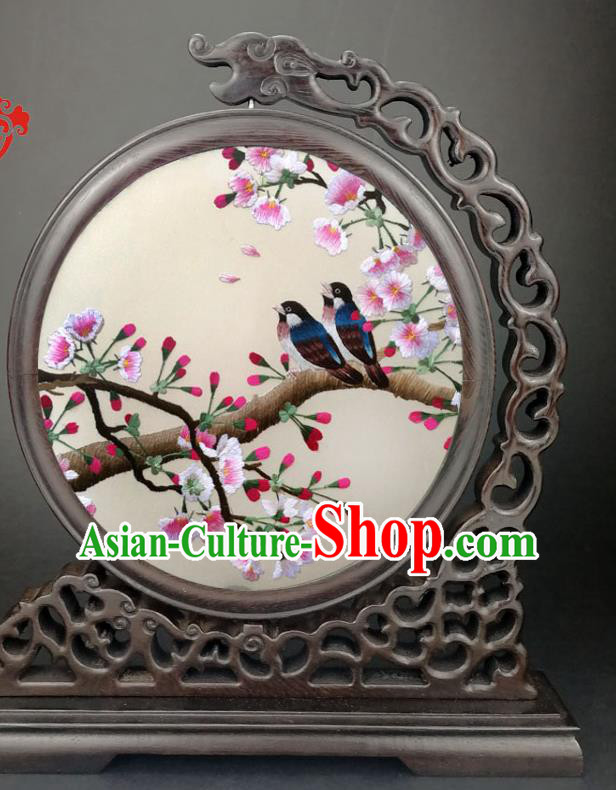 Chinese Traditional Wenge Screen Handmade Double Side Silk Screen Embroidered Begonia Table Screen