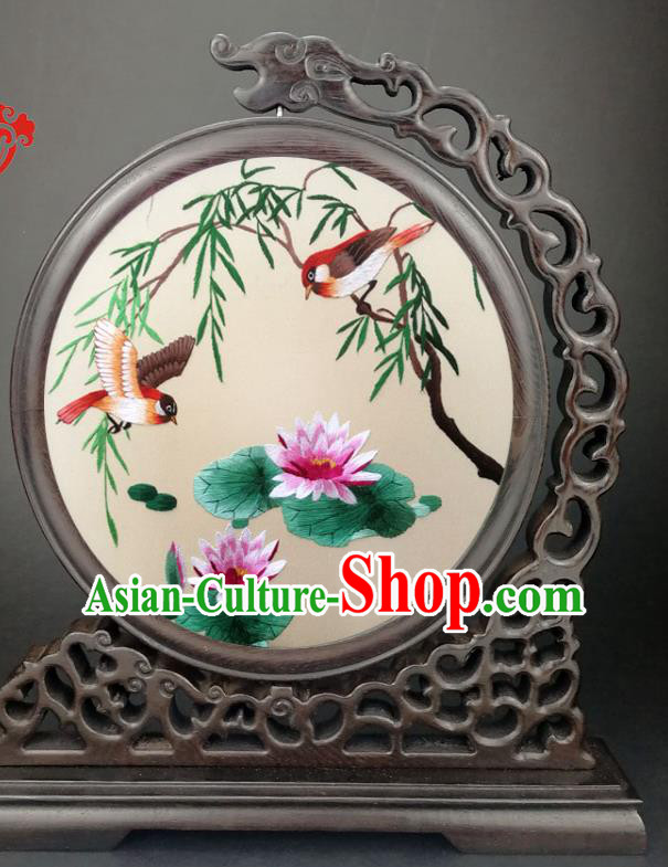 Chinese Suzhou Embroidered Lotus Table Screen Traditional Wenge Screen Handmade Double Side Silk Screen