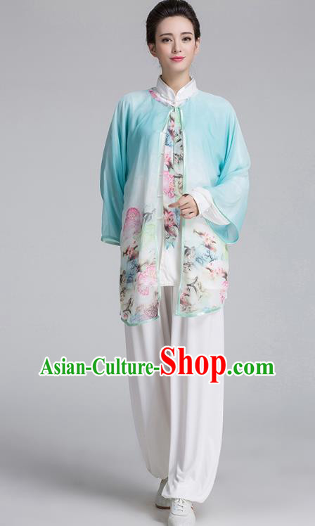 China Tai Chi Performance Costume Traditional Kung Fu Printing Flowers Light Blue Cape