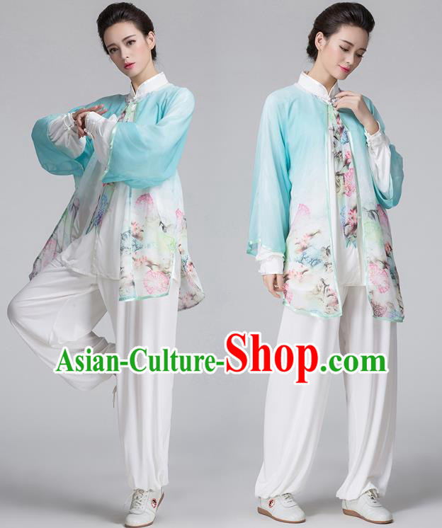 China Tai Chi Performance Costume Traditional Kung Fu Printing Flowers Light Blue Cape