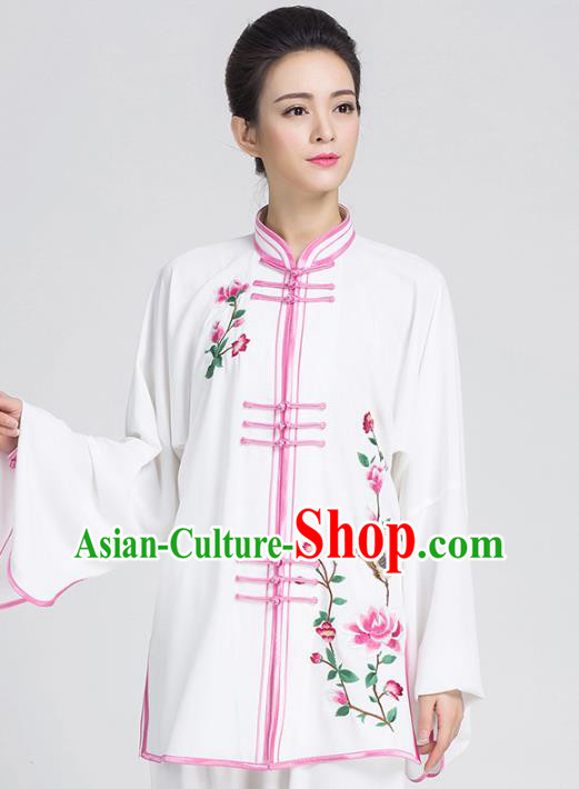 China Tai Chi Competition Costume Traditional Kung Fu Embroidered Flowers White Outfits
