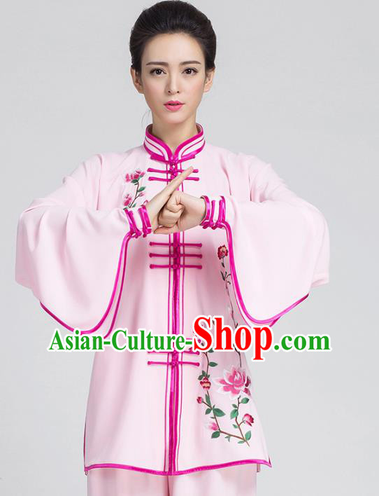 China Traditional Embroidered Flowers Pink Outfits Kung Fu Tai Chi Competition Costumes