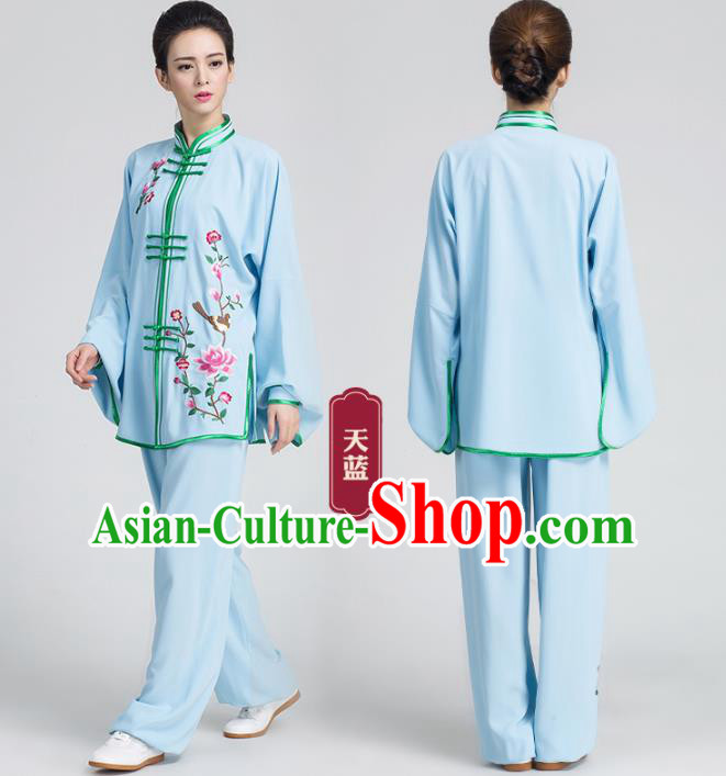 China Kung Fu Tai Chi Competition Costumes Traditional Embroidered Flowers Blue Outfits