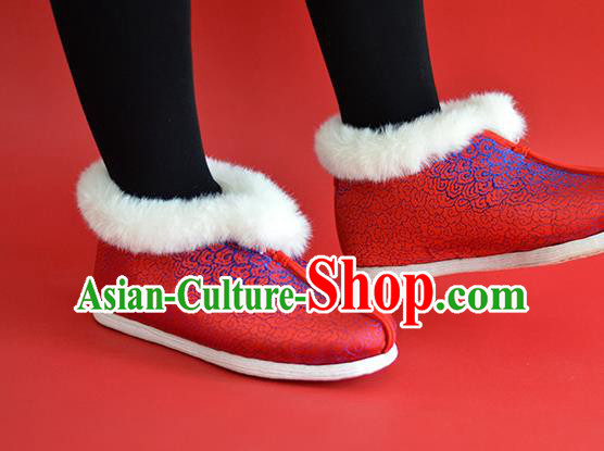 China Bride Shoes Traditional Red Satin Shoes National Cotton Padded Shoes