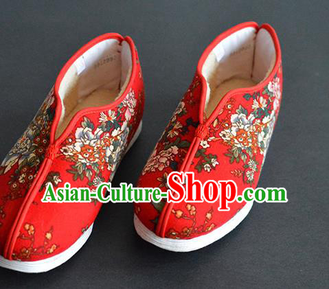 China Traditional Printing Peony Red Cloth Shoes National Winter Cotton Padded Shoes Elderly Female Shoes