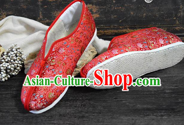 China Traditional Red Brocade Shoes National Winter Cotton Padded Shoes New Year Shoes