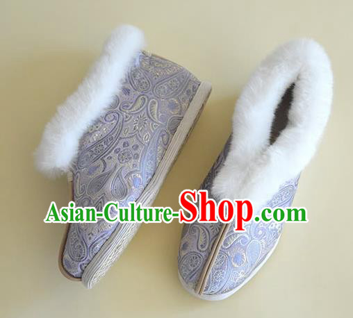 China National Winter Cotton Padded Shoes Hanfu Short Boots Traditional Lilac Brocade Shoes