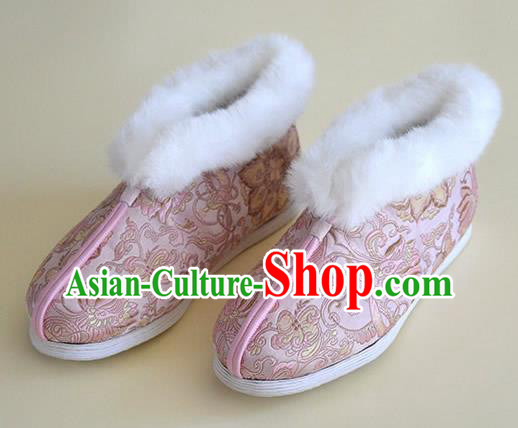 China Traditional Pink Brocade Shoes National Winter Cotton Padded Shoes Hanfu Short Boots